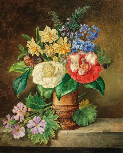 A Bouquet of Flowers with Daffodils and Camelias by Франц Ксавер Петтер, 1852 — digital art print download