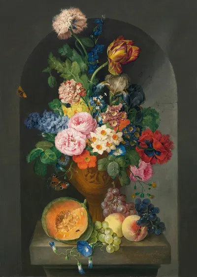 A Bronze Urn Of Flowers, With A Melon, Peaches And Grapes, A Butterfly And A Caterpillar by Franz Xaver Petter, 1812 —…