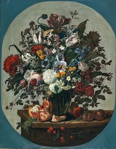 Tulips, squills hydrangeas, peonies, and other flowers in a vase surrounded by pomegranates and other fruit, on a stone…