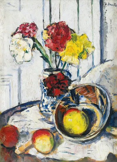Still Life Of Apples And Flowers In A Blue Vase by Джордж Лесли Хантер — digital art print download