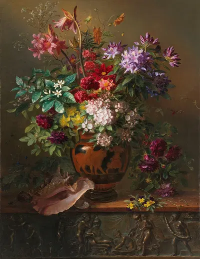 Stilleven met bloemen in een Griekse vaas; allegorie op de lente by Georgius Jacobus Johannes van Os, 1817 — digital art…
