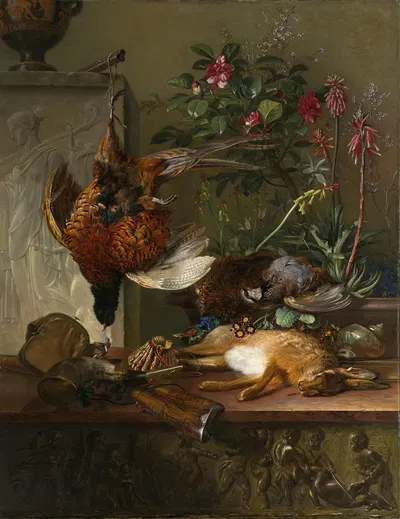 Stilleven met jachtbuit en Griekse stèle; allegorie op de herfst by Georgius Jacobus Johannes van Os, 1818 — digital art…