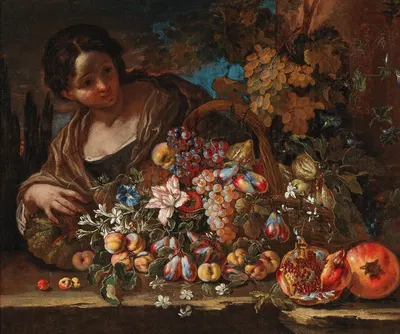 Flowers and fruit on a stone ledge with a young woman by Giovanni Paolo Castelli — digital art print download