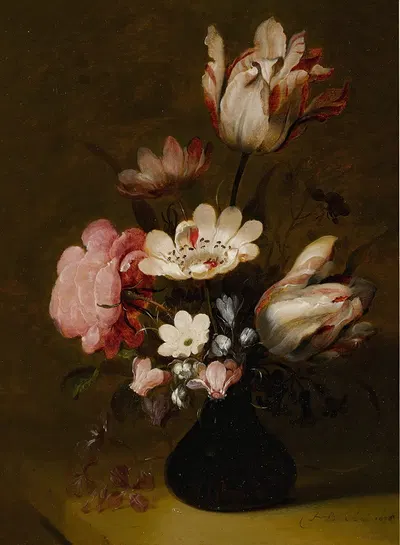 Still Life With Tulips, Peonies, Anemones, Hyacinths And Other Flowers In A Glass Vase On A Stone Ledge by Hans Bollongier,…