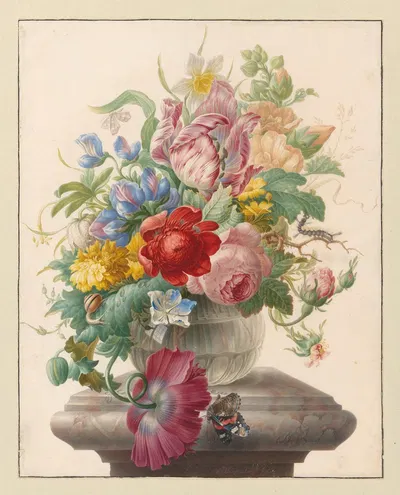 Bloemen in vaas met Atalanta by Herman Henstenburgh, 1700 — digital art print download