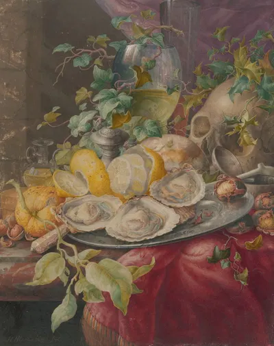Vanitasstilleven met oesters en schedel by Herman Henstenburgh, 1677 — digital art print download