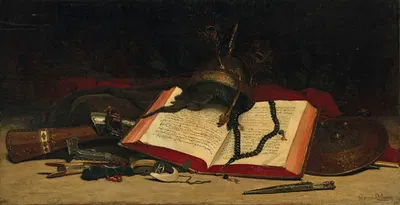 Orientalist still life with a Koran by Hippolyte Pierre Delanoy, 1880 — digital art print download