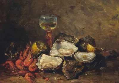 Oysters and prawns with a glass of wine by Hubert Bellis — digital art print download