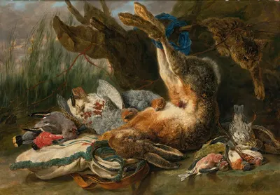 Gamepiece With A Hare And Various Wild Birds, A Cat Approaching From The Right by Ян Фит, 1644 — digital art print download