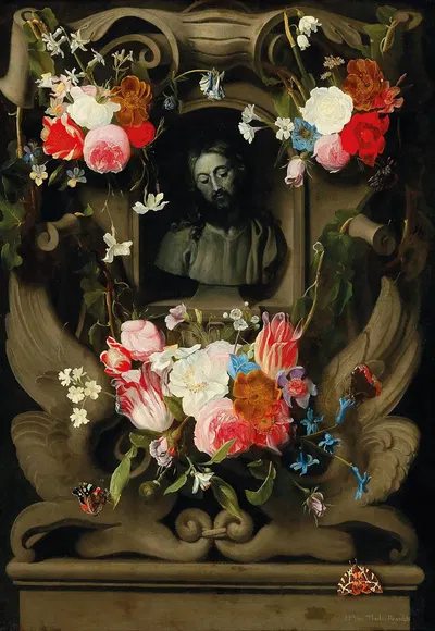 A garland of flowers surrounding a cartouche with a bust of Christ by Jan Philips van Thielen — digital art print download