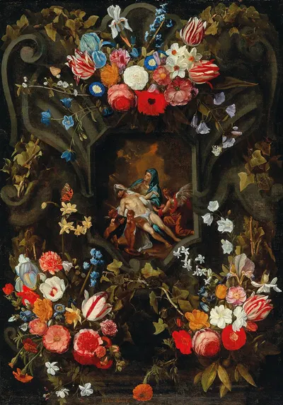 A garland of flowers surrounding a cartouche with a Pietà by Jan Philips van Thielen — digital art print download