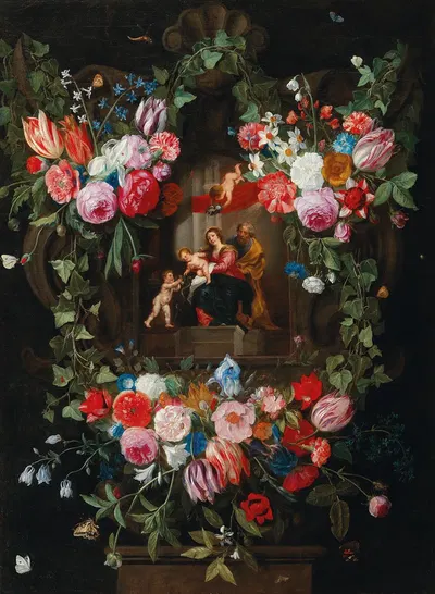 A wreath of flowers surrounding a cartouche with the Holy Family and putti by Ян Ван Кессель Старший — digital art print…
