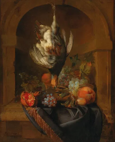 A partridge and fruit in a partially draped niche by Ян Вейникс — digital art print download
