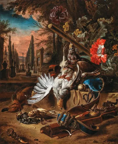 Partridges, songbirds, a duck, a gun and a quailwistle in a parkland landscape by Ян Вейникс, 1695 — digital art print…