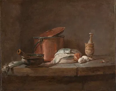 Kitchen Utensils with Leeks, Fish, and Eggs by Jean Siméon Chardin, c. 1734 — digital art print download