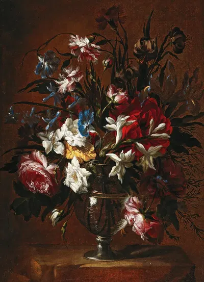 Carnations, roses, lilies and other flowers in a vase on a ledge by Jean-Baptiste Monnoyer — digital art print download