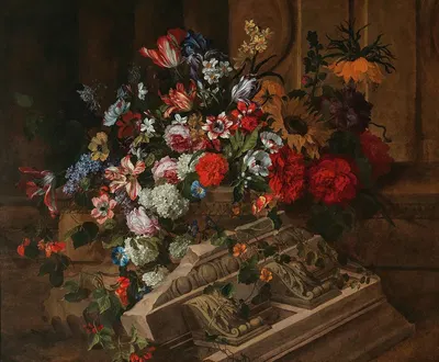 Flowers near a classical cornice on a terrace by Jean-Baptiste Monnoyer — digital art print download