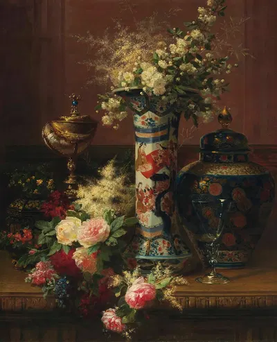 Roses, Peonies and Forget-me-nots in a Japanese Vase by Jean-Baptiste Robie, 1870 — digital art print download