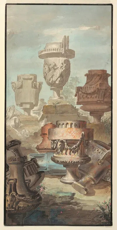 Ruin Fantasy; Vases and Urns by Жан-Шарль Делафосс, 1770 — digital art print download