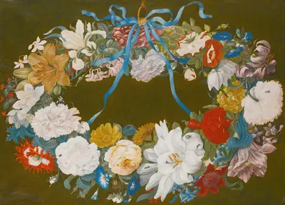 A Garland Of Flowers, Tied To A Ring With A Blue Ribbon by Johannes van Bronckhorst — digital art print download