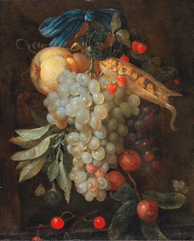 A hanging bouquet of fruit, including grapes, a pear and corn on the cob, with butterflies by Joris van Son — digital art…
