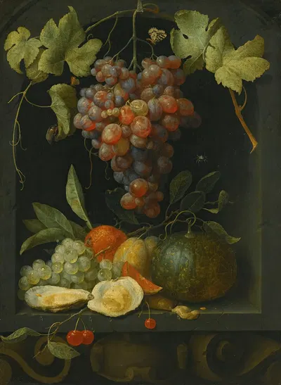 Still life with grapes a melon an orange plums and oysters in a stone niche by Joris van Son, 1654 — digital art print…