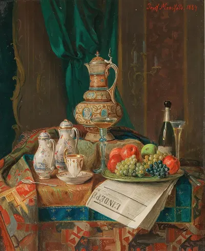 A Still Life with a Historicist Ewer, a Plate of Fruit and a Newspaper by Josef Mansfeld, 1884 — digital art print download