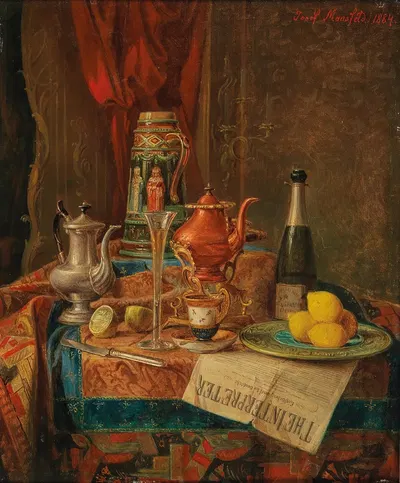 An Opulent Still Life with a Champagne Glass and a Majolica Ewer by Josef Mansfeld, 1884 — digital art print download