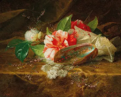 Still life with camellia, a shell and a lace doily by Jules Ferdinand Médard, 1886 — digital art print download