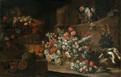 Still life with flowers, fruit and birds amongst ruins by Ломбардская школа — digital art print download