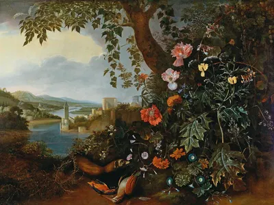 A landscape with flowers and a marten and bird trap by Маттиас Витус — digital art print download