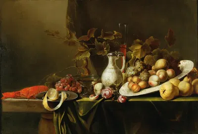 Fruit, flowers, a boiled lobster and a jug by Michiel Simons — digital art print download