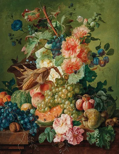 Flowers, Fruit And A Corn On The Cob On A Table Ledge by Paul Theodor Van Brussel, 1786 — digital art print download