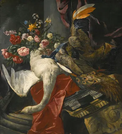 Still Life Of Peonies, Roses And Other Flowers In A Terracotta Vase, Together With A Swan, Peacock And Boar's Head, Resting…