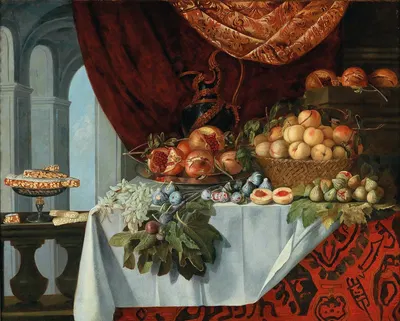 Pomegranates on a dish, peaches in a basket, figs and plums and grapes on a table by Пьер Франческо Читтадини — digital art…