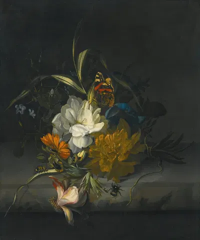 Still Life With Marigolds, Morning Glory, A Passion Flower And Other Assorted Flowers, Together With Insects On A Stone…