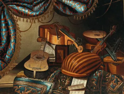 Musical instruments, music scores and books on a table draped with a carpet by School of Bergamo — digital art print download