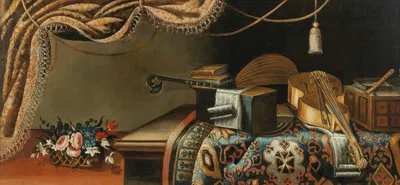 Still life with musical instruments and books by School of Bergamo — digital art print download