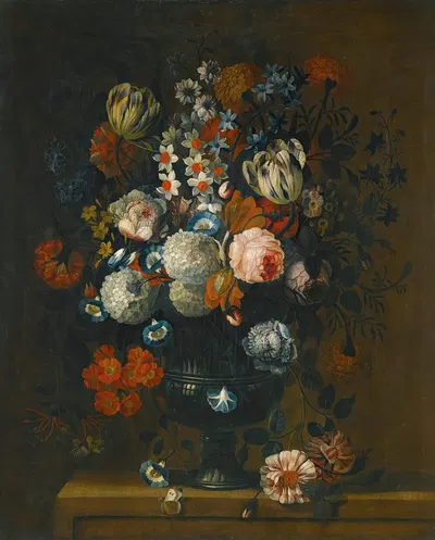 Still Life Of Roses, Variegated Tulips, Peonies, Daffodils And Other Flowers In A Sculpted Vase by Simon Hardimé — digital…