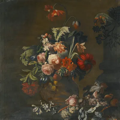 Still Life Of Roses, Variegated Tulips, Peonies And Other Flowers In A Sculpted Vase, Together With Grapes And A Macaw by…