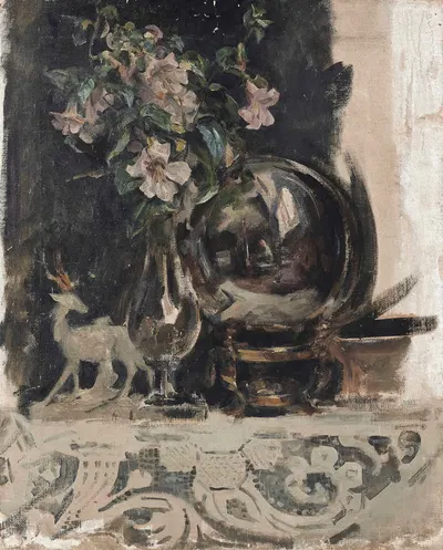 Still life of flowers, a statue and a globe on a mantelpiece by Джеймс Джебуза Шеннон — digital art print download