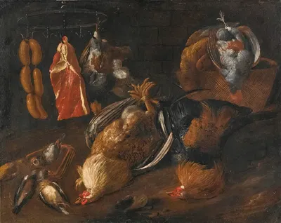 A Still Life With Game And Meats Hanging On A Rail With Other Birds In A Basket And On The Ground by Тосканская школа —…