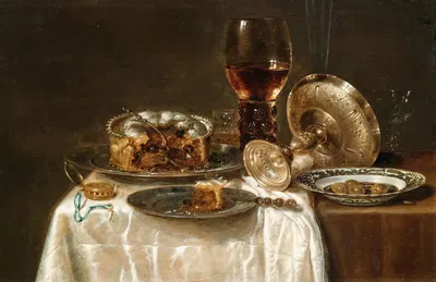 Olives in a blue and white porcelain bowl, a roemer, wine glasses, an overturned silver tazza and a meat-pie by Willem…