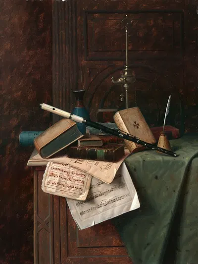 Still Life with Flute, Vase and Roman Lamp by William Michael Harnett, 1885 — digital art print download