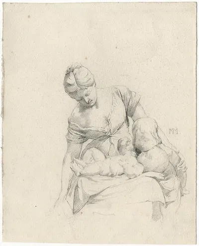 Vrouw bezig met verschonen baby, kind kijkt toe by Маттиас Марис, 1869 — digital art print download