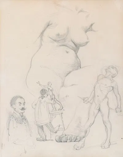 Sketches of a Female Nude, a Male Model and a Sculptor by Уильям Орпен, c.1899 — digital art print download