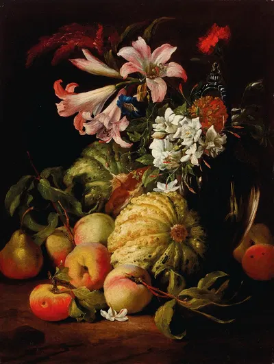 Lilies and other flowers in a glass vase with peaches and melons by Абрахам Брейгель — digital art print download
