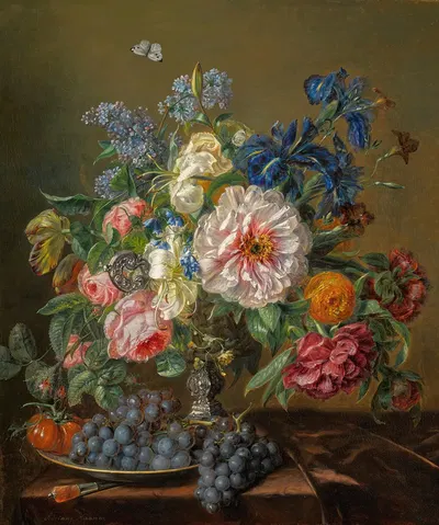 Still-life with peonies, roses, tulips and ranunculus by Adriana Haanen, 1850 — digital art print download