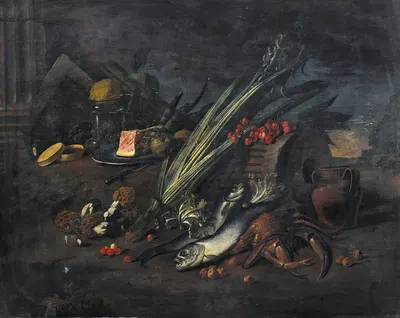 Still life with fish and mushrooms by Angelo Maria Rossi — digital art print download