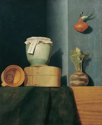 Stillleben mit Küchengeschirr, Zwiebel und Kohlrabi by Anna Maria Punz, 1754 — digital art print download